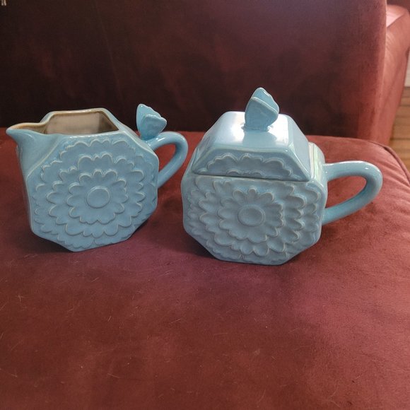 Department 56 Collectible Blue Butterfly Ceramic Creamer and Sugar Set, Embossed - Picture 2 of 4